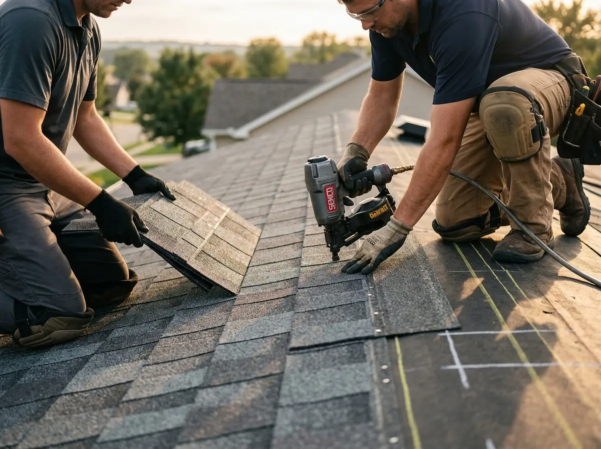 Professional roofer working on a residential roof in Omaha